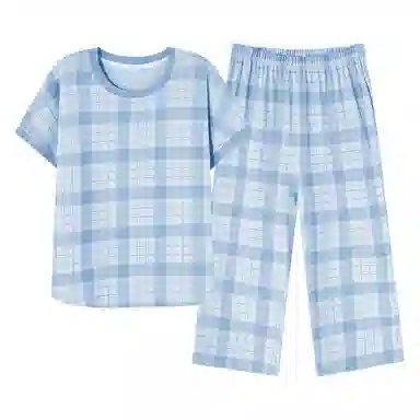 歌倩雅 圆领套头短袖格子七分裤可外穿睡衣套装 女款 蓝色