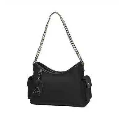 百思图 时尚潮流经典百搭日常出街外出旅行简约大气上班通勤链条设计可调节肩带 光滑 斜挎包 中号 女款 杏配棕/黑色/蓝配棕