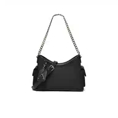 百思图 时尚潮流经典百搭日常出街外出旅行简约大气上班通勤链条设计可调节肩带 光滑 斜挎包 中号 女款 杏配棕/黑色/蓝配棕