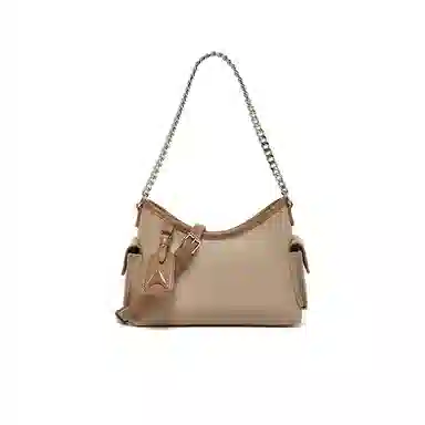 百思图 时尚潮流经典百搭日常出街外出旅行简约大气上班通勤链条设计可调节肩带 光滑 斜挎包 中号 女款 杏配棕/黑色/蓝配棕