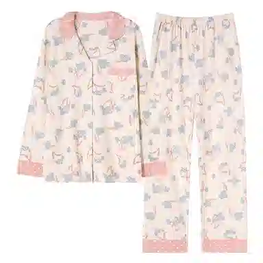 莫代尔 舒适亲肤柔软微弹透气吸汗耐磨开衫长袖长裤不勒腹休闲居家可外穿睡衣套装 女款 杏色