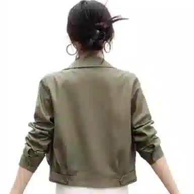 桴生 韩系炸街西装领拉链翻领短款合身简约长袖皮衣 女款