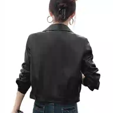 桴生 韩系炸街西装领拉链翻领短款合身简约长袖皮衣 女款