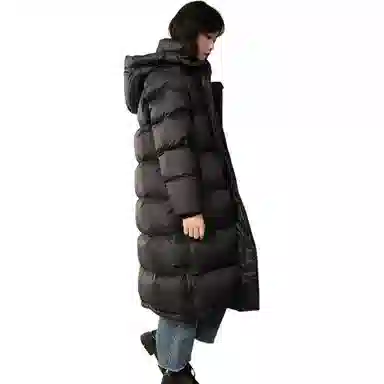 羽物 白鸭绒加长款纯色连帽长袖羽绒服 男女同款 黑色