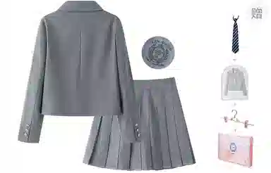 东鲸岁时记 学院风学姐感气质绣标上衣纯色高腰温柔风百褶半裙搭配一整套西装套装 春秋季 女款 礼盒装 灰色