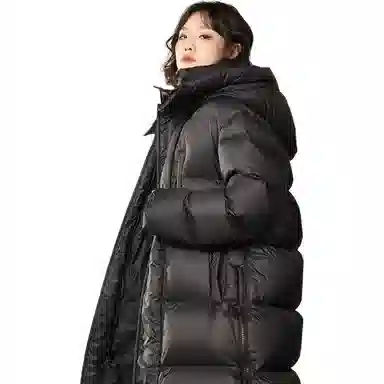 羽物 白鸭绒加长款纯色连帽长袖羽绒服 男女同款 黑色