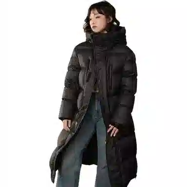 羽物 白鸭绒加长款纯色连帽长袖羽绒服 男女同款 黑色