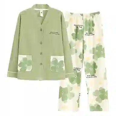 莫代尔 细腻耐磨轻盈透气带胸垫防凸点吸汗柔软舒适亲肤居家可外穿开衫长袖长裤睡衣套装 女款 淡绿色