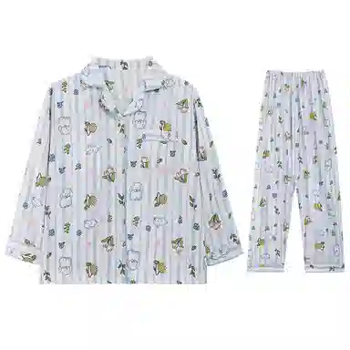 兰缪 带胸垫舒适透气长袖长裤家居服睡衣套装 女款 图色