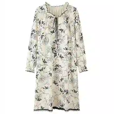 莫代尔 舒适透气轻盈耐磨吸汗细腻柔软亲肤带胸垫防凸点居家可外穿长袖睡裙 女款 乳白色