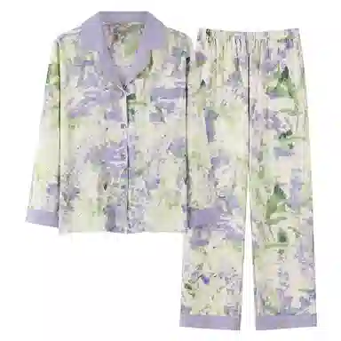 莫代尔 舒适亲肤开衫翻领长袖长裤韩版满印甜美时尚家居服可外穿睡衣套装 女款 杏色