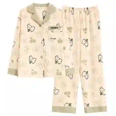 莫代尔 亲肤舒适开衫翻领长袖长裤甜美满印卡通兔可外穿睡衣套装 女款 杏色