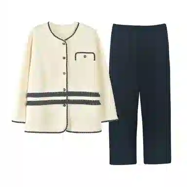 莫代尔 简约柔软细腻舒适蓄热开衫长袖弹力裤腰长裤休闲可外穿睡衣套装 女款 乳白色