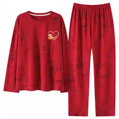 莫代尔 中国风喜庆时尚柔软舒适微弹透气亲肤耐磨带胸垫长袖不易起球长裤不勒腹可居家休闲可外穿睡衣套装 女款 红色