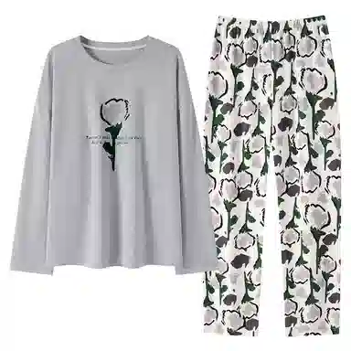 莫代尔 简约时尚休闲柔软青春活力亲肤耐磨透气防凸点带胸垫圆领长袖不勒腹长裤睡衣套装 女款 灰色