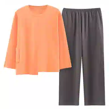 莫代尔 亲肤舒适套头圆领长袖长裤家居服可外穿睡衣套装 女款 桔红色