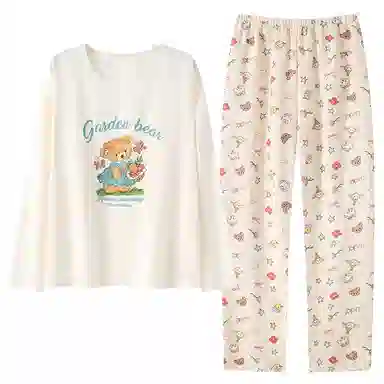 莫代尔 简约时尚耐磨透气亲肤免穿文胸圆领套头长袖长裤睡衣套装 女款 白色