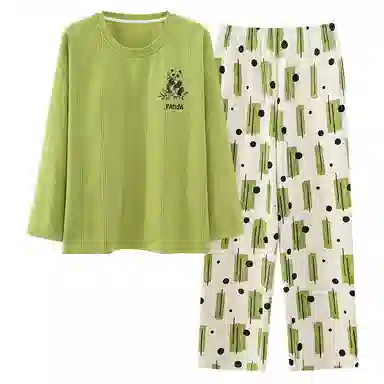 莫代尔 亲肤舒适柔软丝滑透气微弹耐磨吸湿排汗带胸垫防凸点长袖长裤休闲可外穿睡衣套装 女款 黄绿色