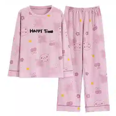 莫代尔 亲肤带胸垫防凸点套头圆领长袖长裤韩版卡通熊满印可外穿睡衣套装 女款 香芋紫