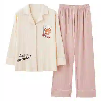 莫代尔 亲肤舒适开衫翻领长袖长裤卡通熊简约时尚家居服可外穿睡衣套装 女款 杏色