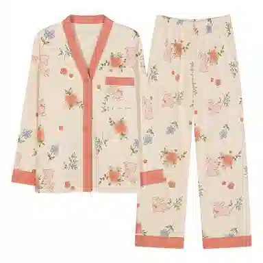 莫代尔 亲肤带胸垫防凸点舒适长袖长裤开衫和服领花卉满印甜美家居服可外穿睡衣套装 女款 杏色