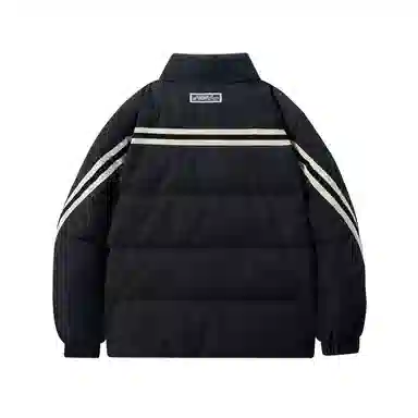 鸭鸭 加厚保暖鸭绒撞色条纹织带休闲宽松立领无帽无性别面包服暗黑羽绒服外套 男女同款