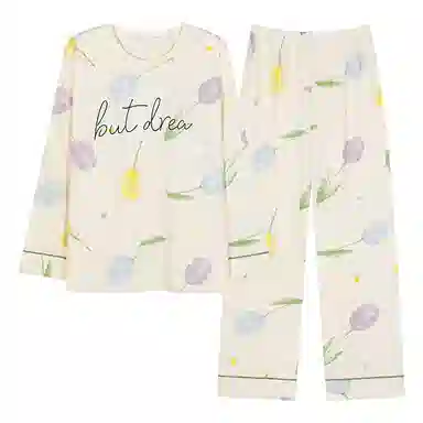 莫代尔 亲肤带胸垫防凸点舒适长袖长裤套头圆领卡通花卉满印可外穿睡衣套装 女款 杏色