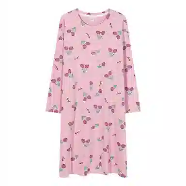 歌倩雅 食物图案满印圆领亲肤透气长袖睡裙 女款 粉色