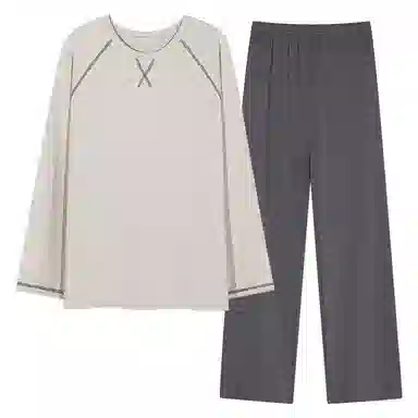 莫代尔 亲肤舒适长袖长裤套头圆领可外穿简约时尚素色睡衣套装 男款 卡其色