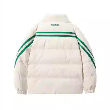 鸭鸭 加厚保暖鸭绒撞色条纹织带休闲宽松立领无帽无性别面包服暗黑羽绒服外套 男女同款