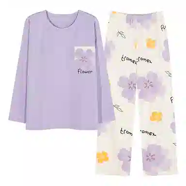 莫代尔 亲肤带胸垫防凸点舒适长袖花卉满印长裤套头圆领甜美家居服可外穿睡衣套装 女款 香芋紫