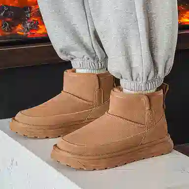 威世米邦 牛反绒 保暖防滑 厚底百搭 套筒一脚蹬 加绒舒适 短筒 雪地靴 男款 栗色