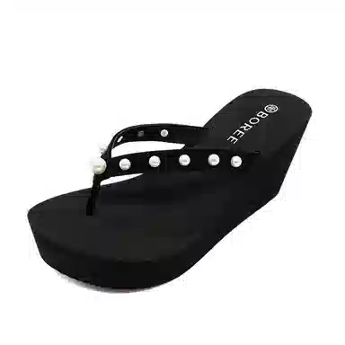 宝人 坡跟外穿珍珠装饰增高人字拖鞋 女款 黑色