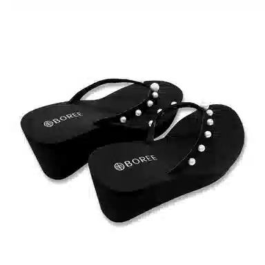 宝人 坡跟外穿珍珠装饰增高人字拖鞋 女款 黑色