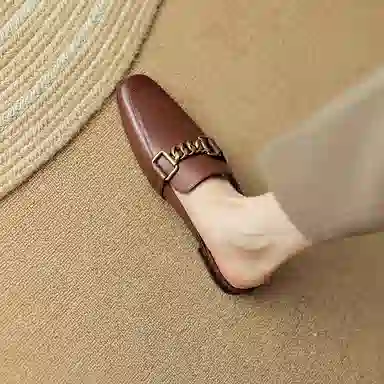 奈绮儿 头层牛皮 方头平跟舒适 时尚凉拖 女款