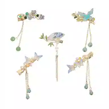 妖娆猫 古风流苏蝴蝶后脑勺侧边刘海一字夹新中式水墨画竹叶扇子鸭嘴夹气质前额边夹 合金 发夹 女款