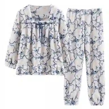 花季的故事 韩版卡通耐磨保暖亲肤透气舒适长袖长裤可外穿家居服睡衣套装 女款 白色