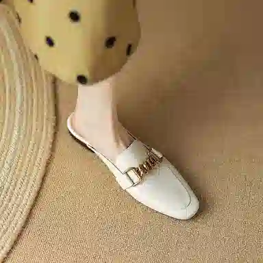 奈绮儿 头层牛皮 方头平跟舒适 时尚凉拖 女款