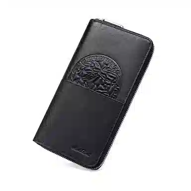 马莎兰缇 中国风印花时尚拼接拉链闭合可手拿钱夹 头层牛皮合成革 多卡位卡包钱包 常规 男款 黑色