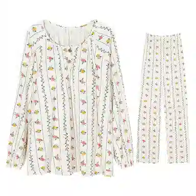 兰缪 皱布带胸垫一体圆领套头长袖长裤可爱甜美睡衣套装 女款 白色