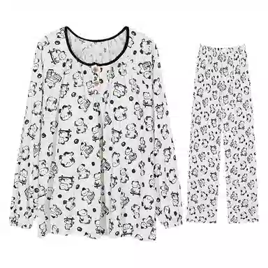 兰缪 圆领套头可爱甜美皱布带胸垫一体长袖长裤睡衣套装 女款 白色