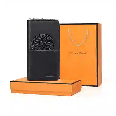 马莎兰缇 中国风印花时尚拼接拉链闭合可手拿钱夹 头层牛皮合成革 多卡位卡包钱包 常规 男款 黑色