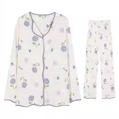 兰缪 简约亲肤可爱甜美带胸垫一体开衫长袖休闲可外穿长裤睡衣套装 女款 图片色