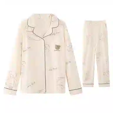 兰缪 开衫长袖仿制满印长裤睡衣套装 女款 杏色