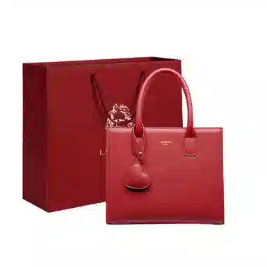 老人头 休闲简约百搭 牛皮拼合成革 手提包 中号 女款 红色