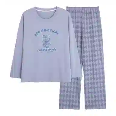 莫代尔 亲肤细腻柔软小清新透气带胸垫圆领长袖长裤可外穿居家服睡衣套装 女款 孔雀蓝