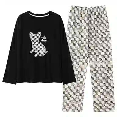 莫代尔 圆领简约舒适长袖上衣松紧腰长裤睡衣套装 女 黑色