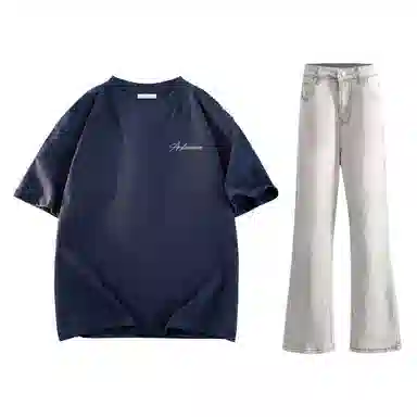 稻草人 美式高街花体字母百搭重磅纯棉宽松落肩短袖中腰水洗做旧垂感微喇叭牛仔裤休闲运动套装 男女同款