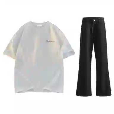 稻草人 美式高街花体字母百搭重磅纯棉宽松落肩短袖中腰水洗做旧垂感微喇叭牛仔裤休闲运动套装 男女同款