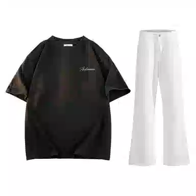 稻草人 美式高街花体字母百搭重磅纯棉宽松落肩短袖中腰水洗做旧垂感微喇叭牛仔裤休闲运动套装 男女同款